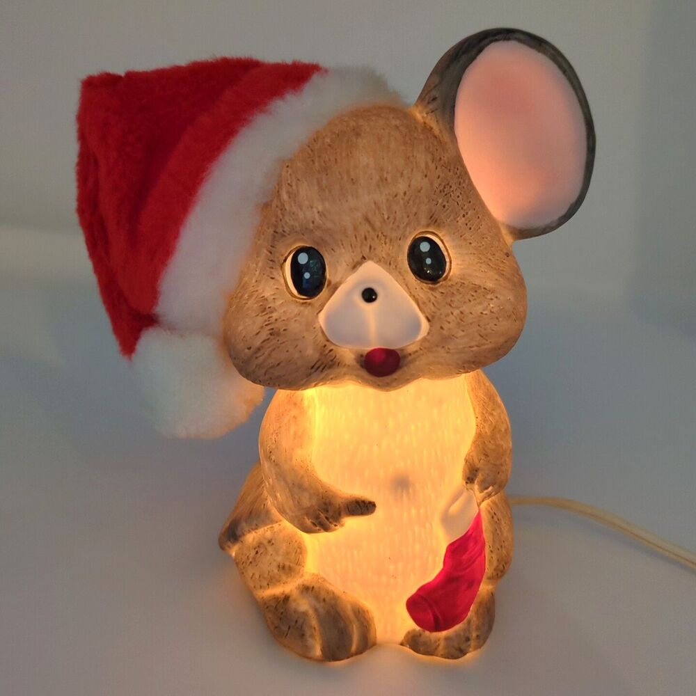 Vintage Ceramic Christmas Mouse w/ Santa Hat Night Light w/ Cord 1980s | TAIWAN